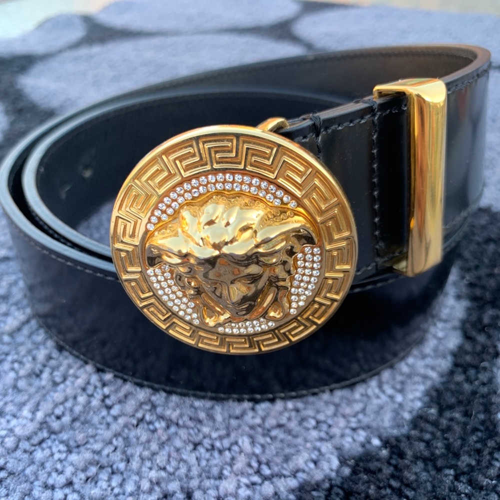Medusa Leather Belt With Crystals Versace